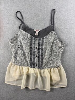 Lace Peplum Cami Top L Gray Cream Coquette Y2K Romantic